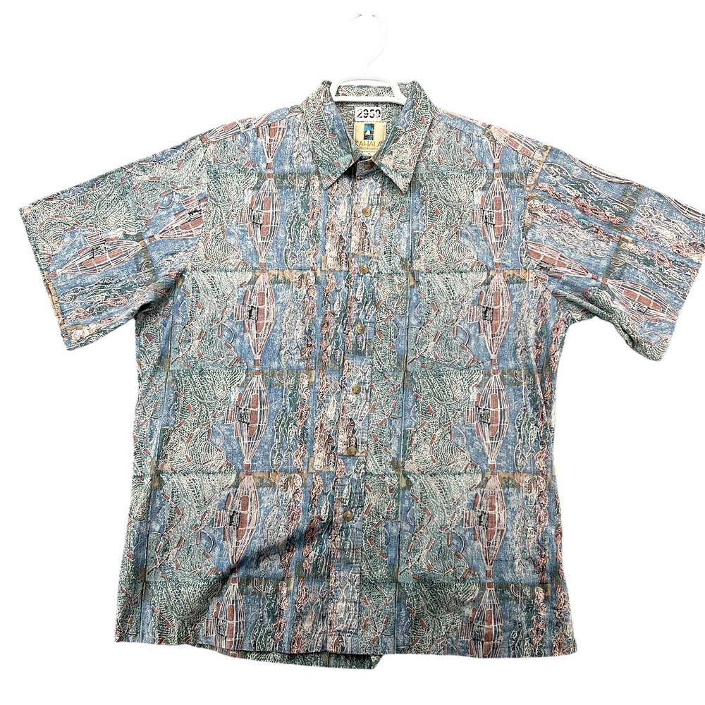 Kahala Shirt Mens XL Blue Nautical Fishing Net Print Cotton Button Down Hawaii